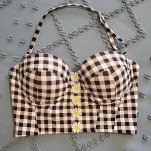 Betsey Johnson Gingham Plaid Bustier Convertible Bikini Top Size Small